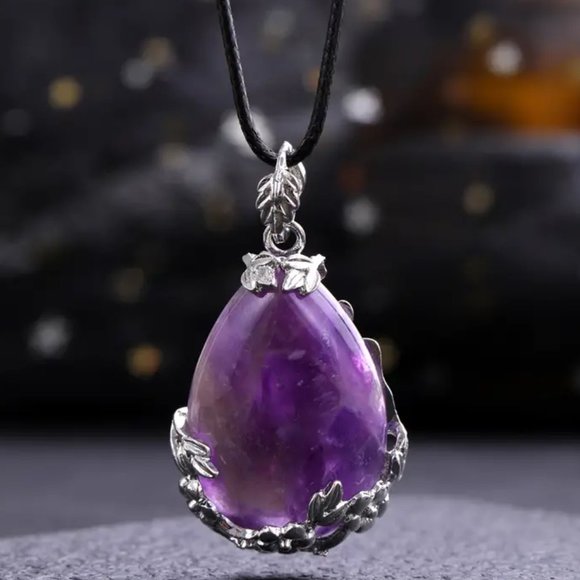 Jewelry - Amethyst Natural Stone Drop Shaped Pendant Necklace Healing Gemstone Pendant